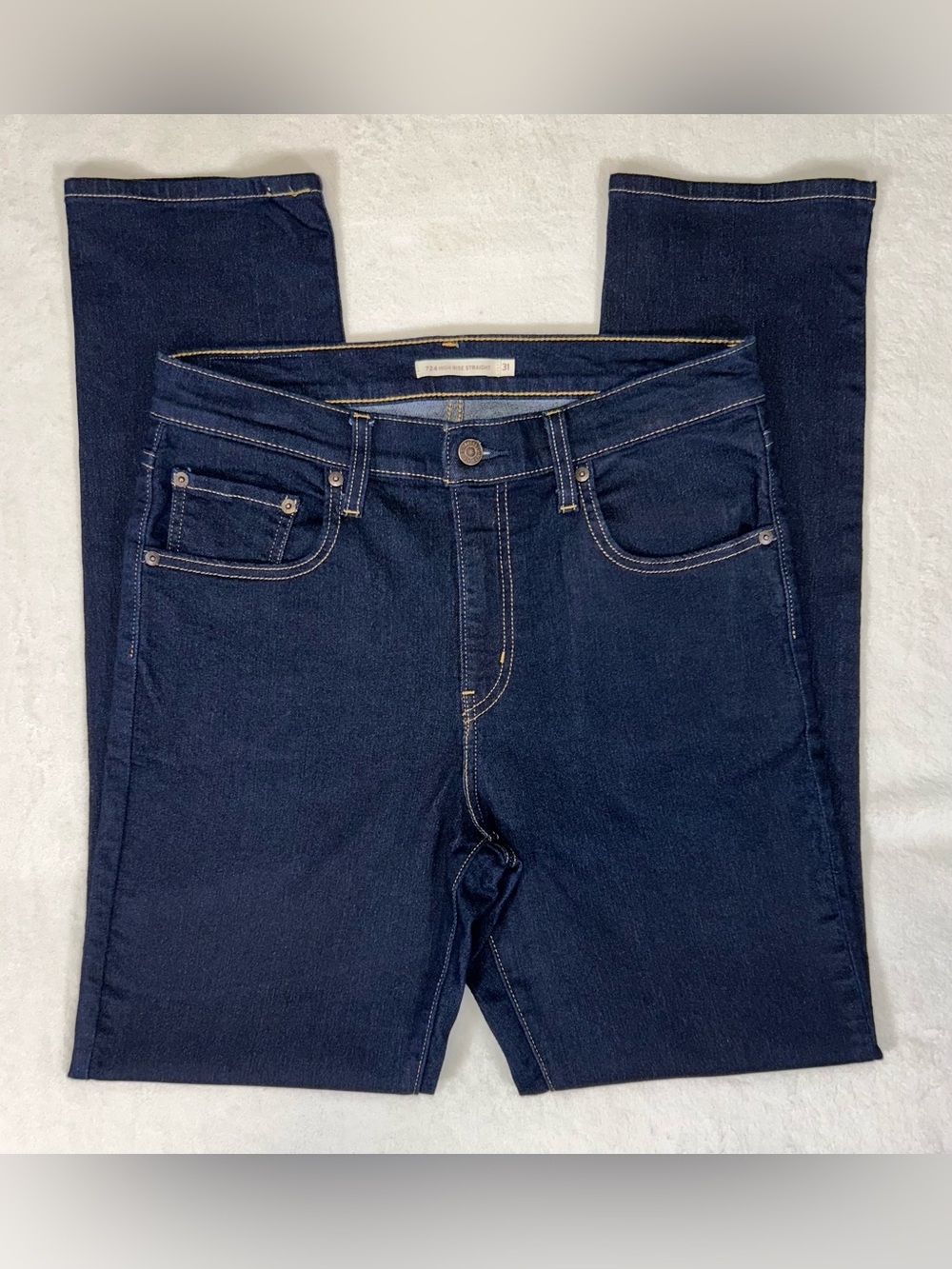 Levis 724 High Rise Straight Jeans Womens Sz 31 Blue Dark Wash Stretch